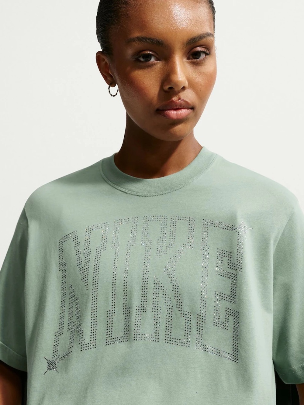 Nike Women’s Sage Green Rhinestone Logo Short Sleeve Tee